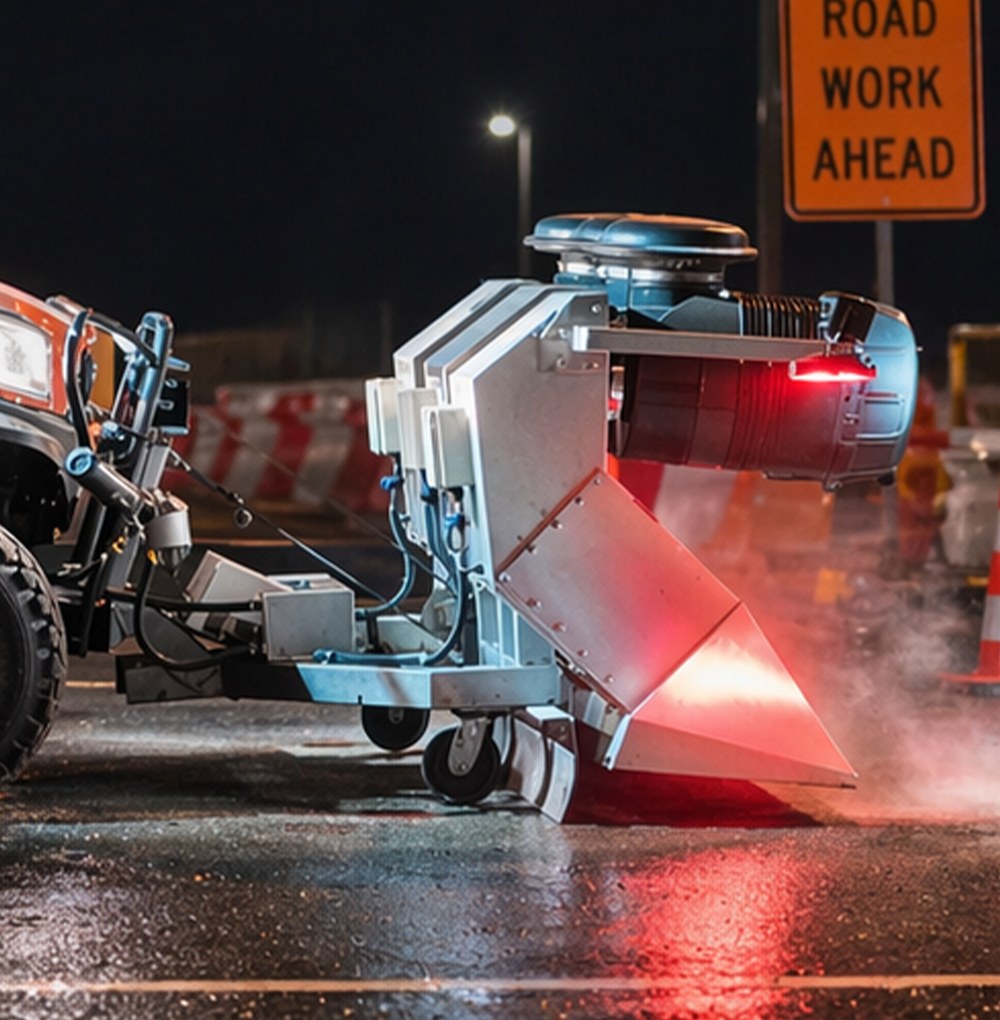 Road dryer jet head driving hot air across wet pavement at night